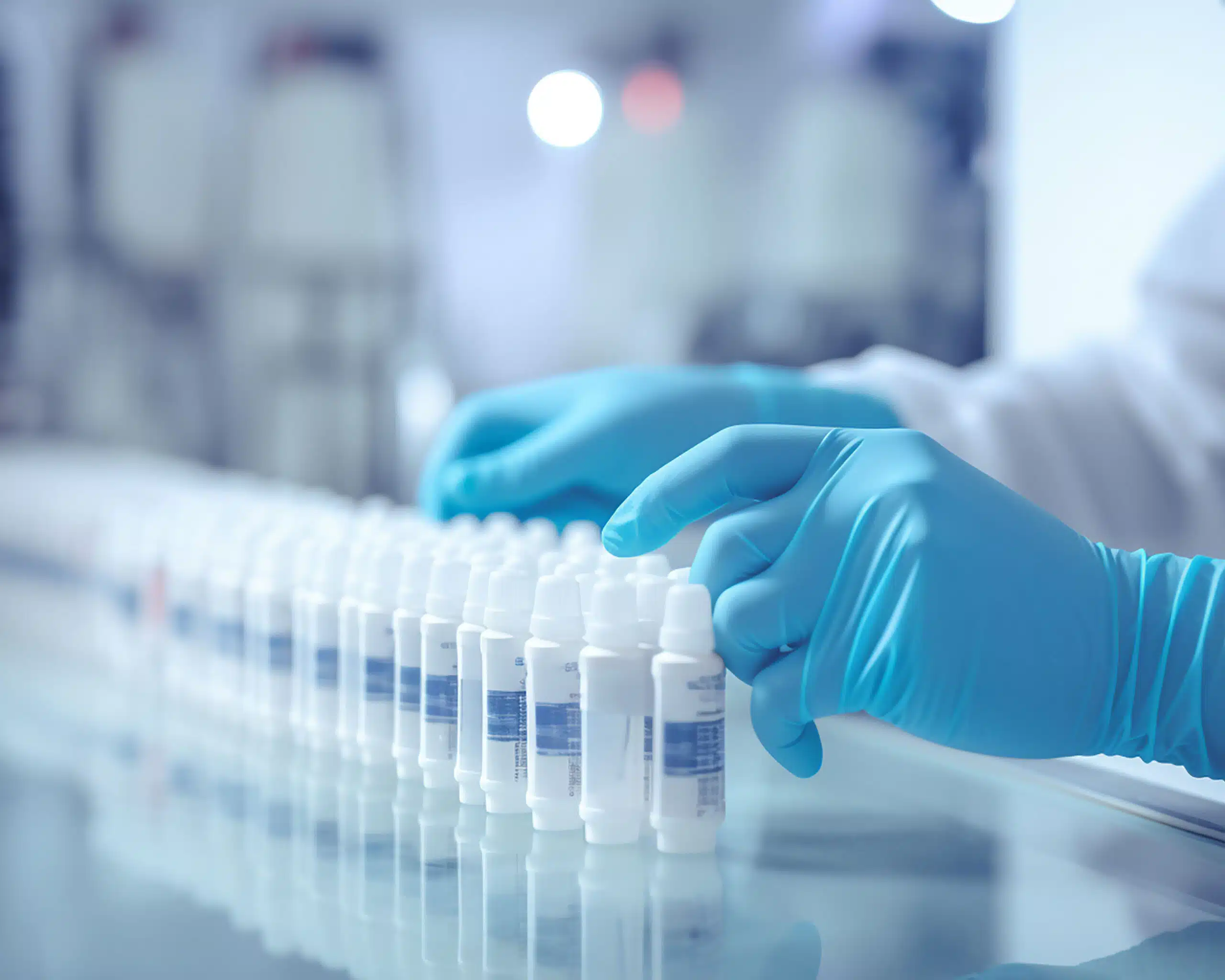 Hands with sanitary gloves inspecting the quality of bottled products lined up