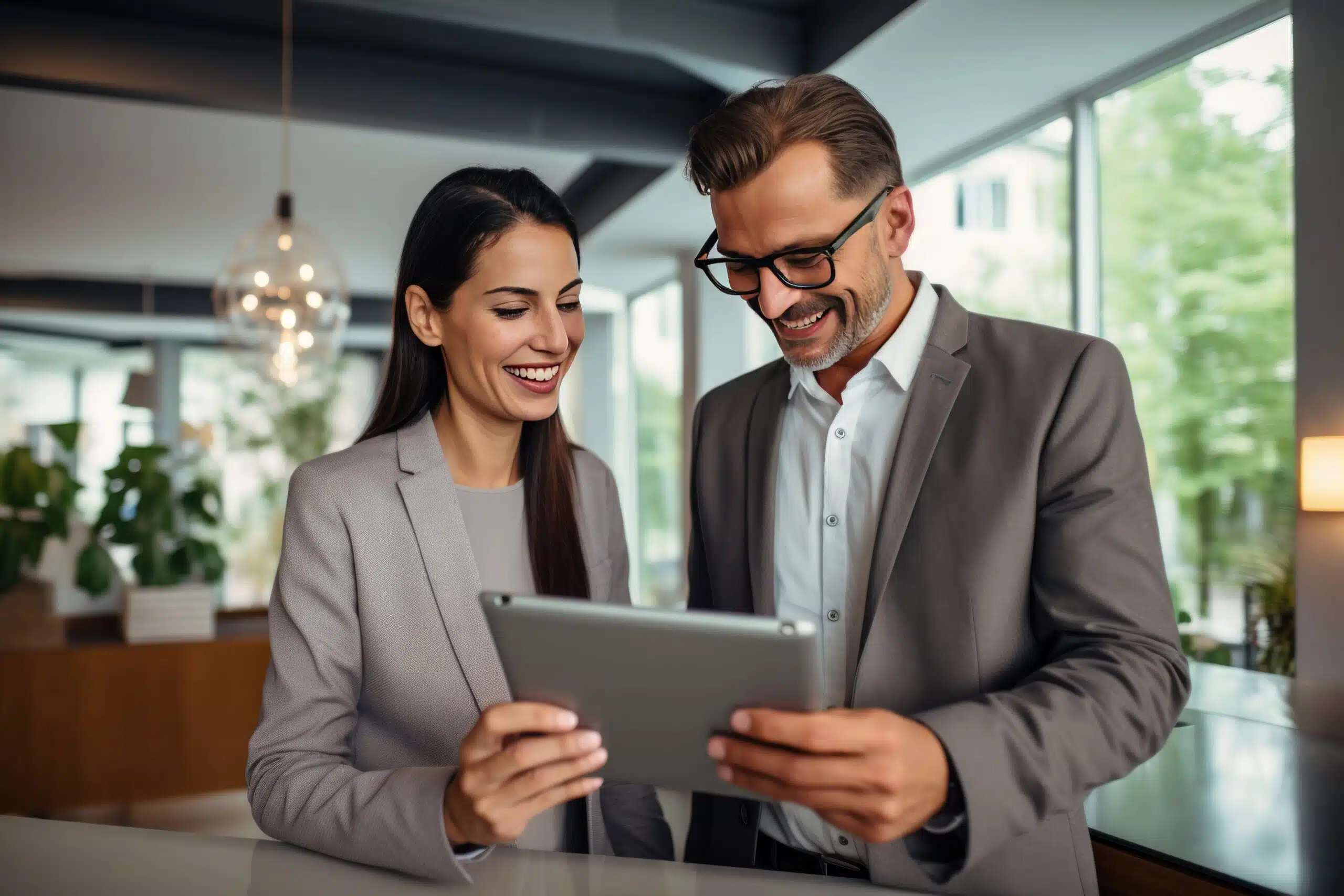 Two business professionals smiling and sharing a tablet so both can easily view a digital audit management system