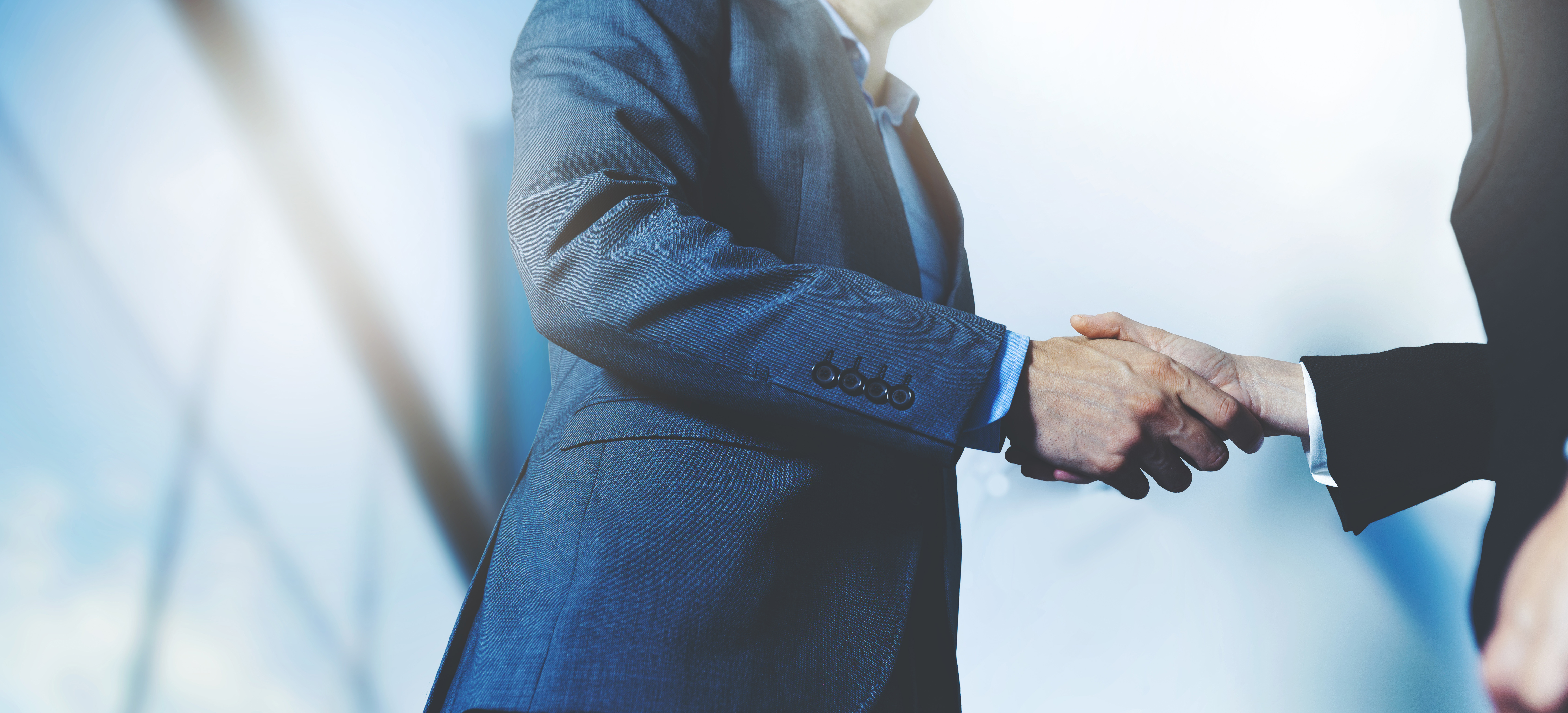 Two people in business suits shaking hands