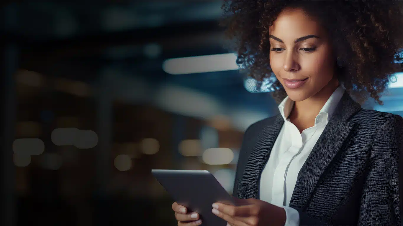 Woman using a tablet to access AI enabled QMS software